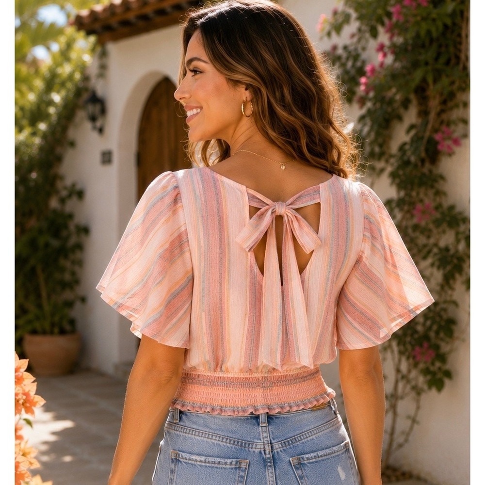Japna Cotton Stripe Smocked Crop Top Pink Boho Flutter Sleeve Tie Back M